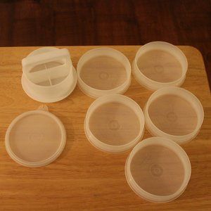 Vintage Tupperware Hamburger Keepers (5) and 4" Hamburger Press